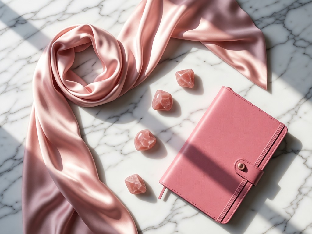 An overhead shot of a curated arrangement: blush silk scarves, rose quartz crystals, and a pink leather journal on a marble surface. Soft shadows create depth under natural light. No people.
