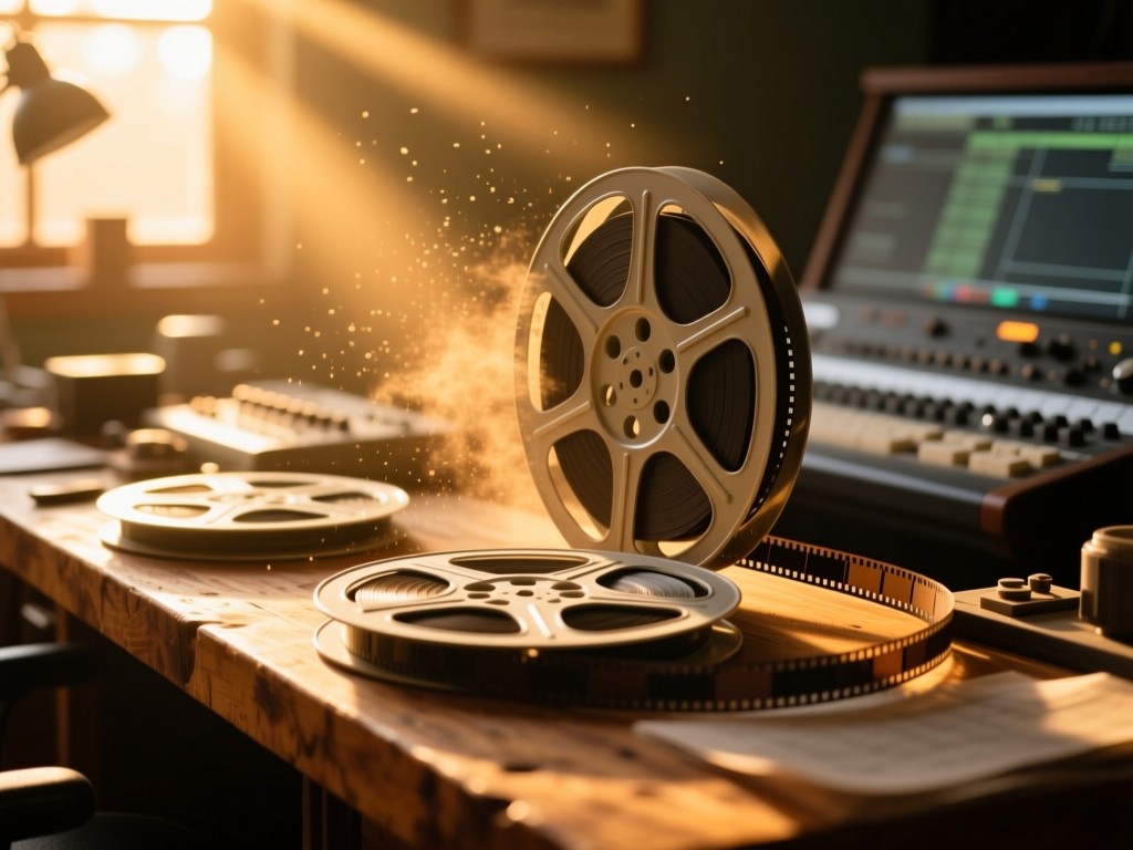 Vintage film reels on a wooden editing table during golden hour, sun rays highlighting dust motes, shallow focus, warm amber lighting, nostalgic film aesthetic.