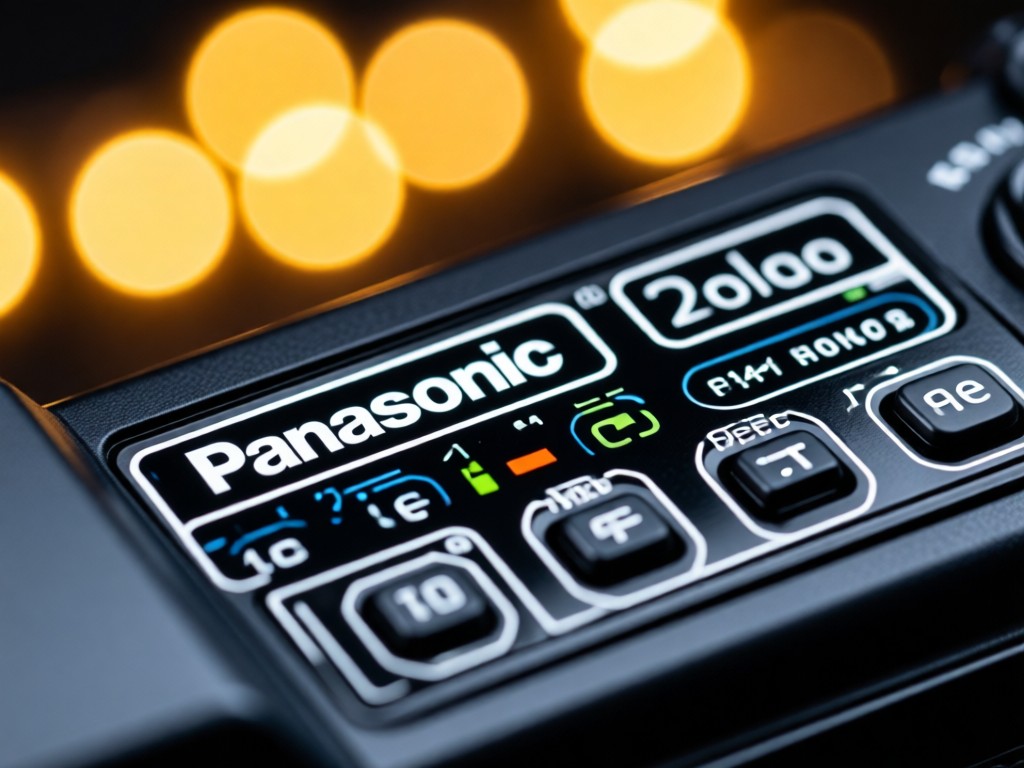 A macro shot of Panasonic product labels and interface panels. Shallow depth of field with warm bokeh lights in background. Technical yet aesthetically pleasing. No people.