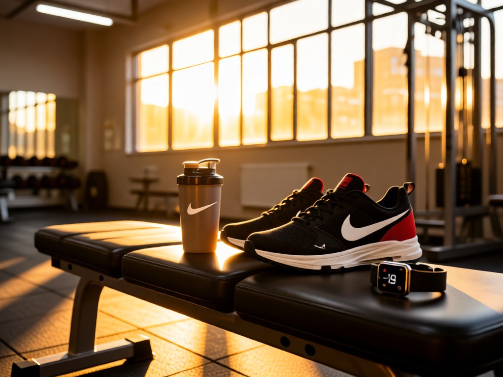 A curated arrangement of branded athletic gear on a gym bench. Nike shoes, protein shaker, and smartwatch bathed in golden sunlight through high windows. No people.