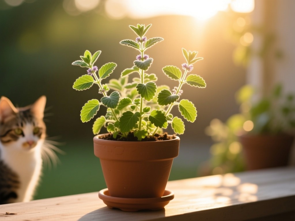A flourishing potted catnip plant in a sunbeam during golden hour, symbolizing organic growth and pet community, soft shadows, warm natural lighting, minimalist composition.
