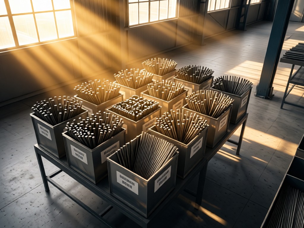 Top-down view of welding rods sorted by type in labeled steel bins. Golden hour light streams through warehouse windows. Clean composition with breathing space. No people.