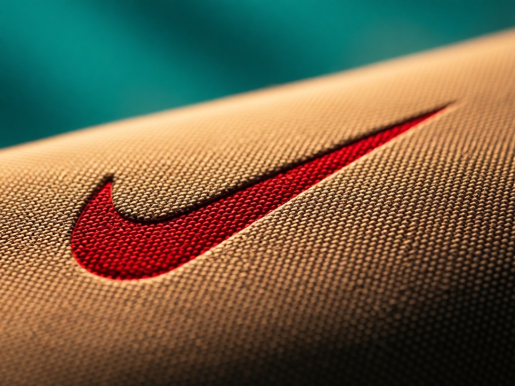 Close-up of red Nike swoosh logo embossed on textured fabric. Warm light emphasizes depth. Blurred teal background. No full products.