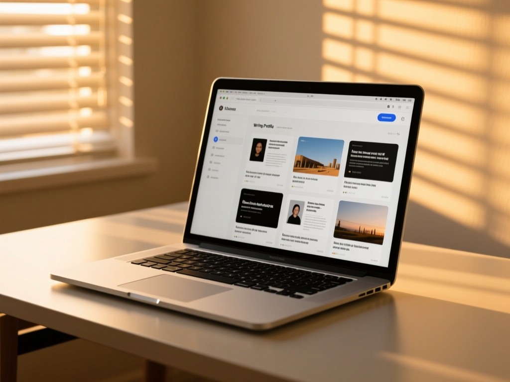 A sleek laptop open on a minimalist desk at golden hour, screen displaying a neatly organized writing portfolio with article thumbnails, warm sunlight casting soft shadows through window blinds, shallow depth of field, no visible text.