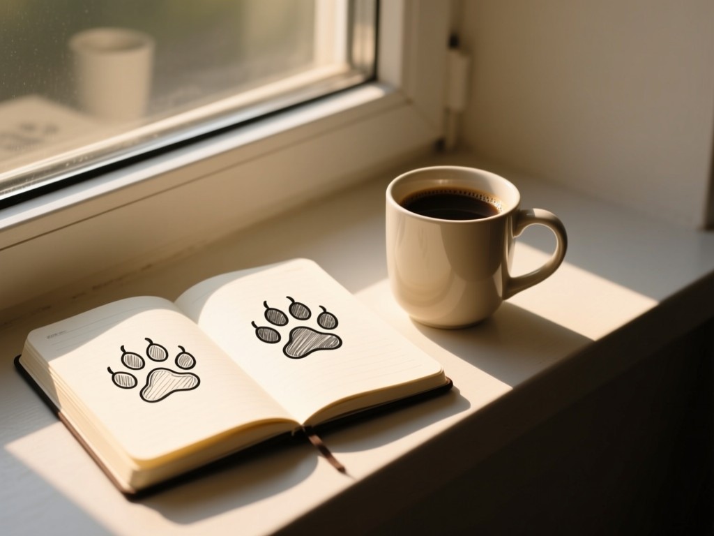 Open notebook with sketched paw prints beside a coffee mug on a windowsill, morning sunlight casting long shadows, minimalist composition, warm tones, no text visible.