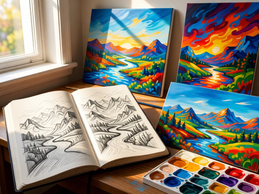 An artist's open sketchbook revealing pencil studies beside finished acrylic paintings. Natural light highlights the progression from rough lines to vibrant colors. No people.
