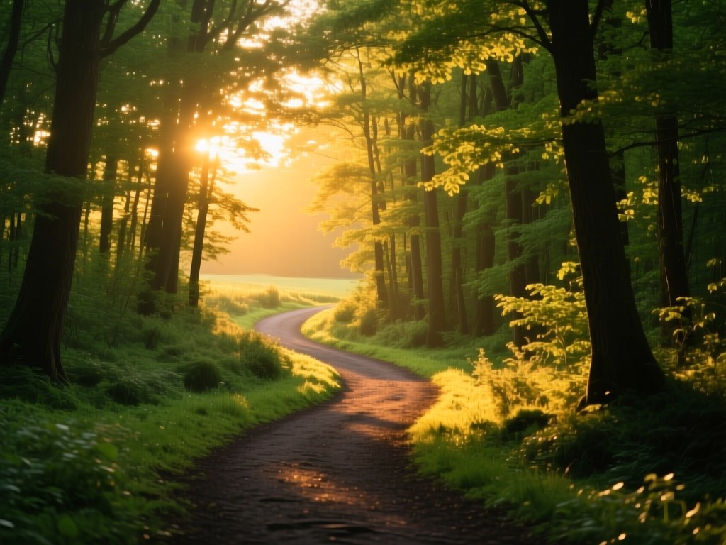 A winding forest path leading to a sunlit clearing at golden hour, symbolic of discovery, vibrant greens and golds, soft shadows, no people, natural color palette.