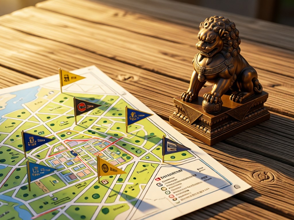 A close-up of a campus map with pennant pins marking key locations. Golden hour light illuminates a Lion Shrine miniature beside it on a rustic wooden table.