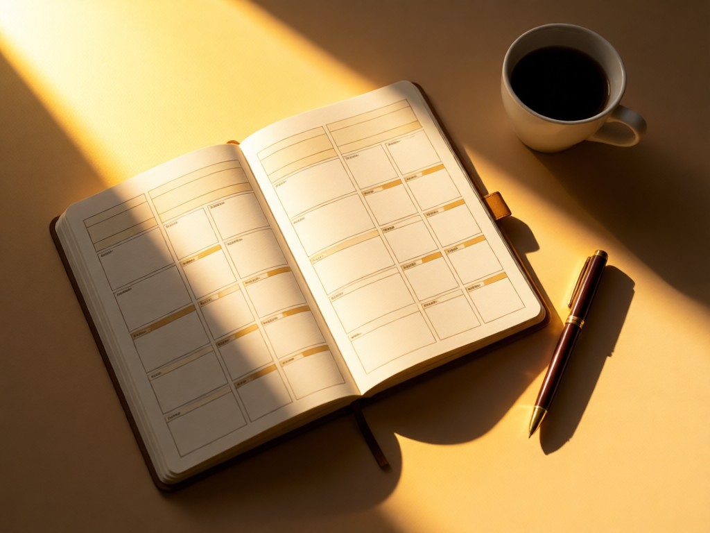 A bird's-eye view of a sunlit notebook open to a portfolio grid layout. Golden light highlights a pen and coffee cup nearby. Soft shadows create depth. No people.
