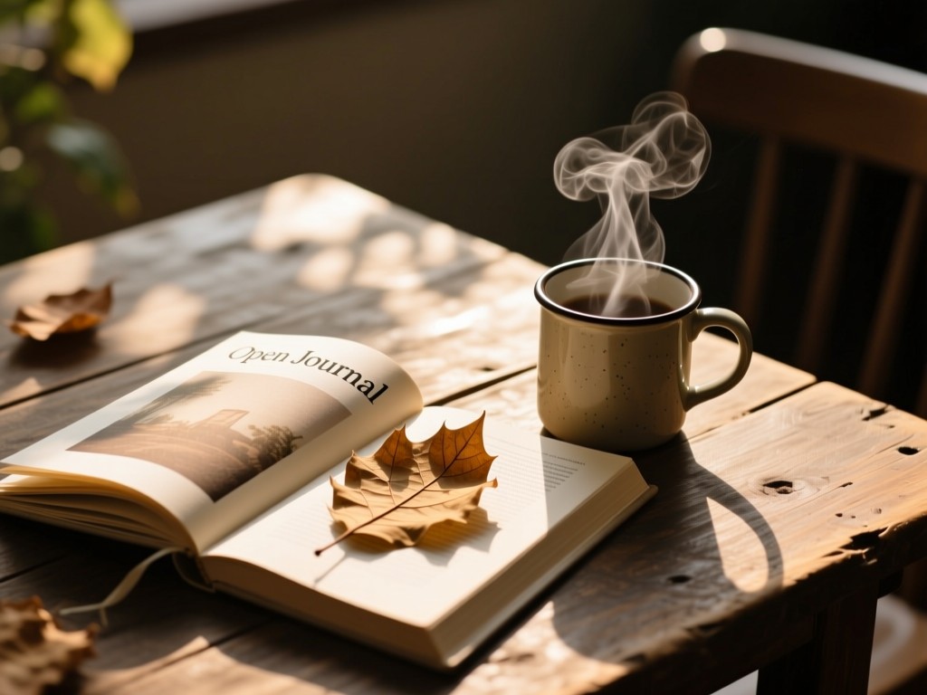 Open journal with pressed leaves beside a steaming mug on a rustic table, morning sunlight casting soft shadows, warm earthy tones, shallow focus, no text visible.