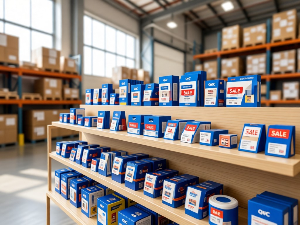 An organized display of various QVC outlet products on minimalist shelving. Natural light highlights 'Sale' tags and pricing details. Soft focus background shows warehouse elements. No people.