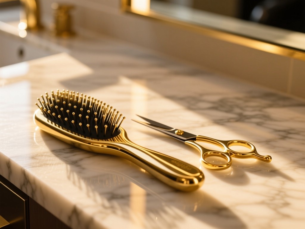 A sleek hairbrush and golden scissors on a marble surface at golden hour, sunlight reflecting off metallic surfaces, shallow depth of field, warm tones, minimalist salon aesthetic, no people.
