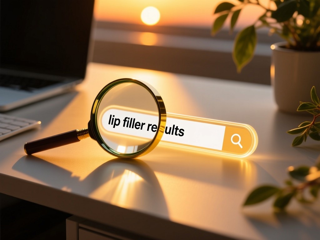 A magnifying glass resting on a glowing search bar with 'lip filler results' visible, golden sunset light creating long shadows on a clean desk, botanical elements in soft focus.