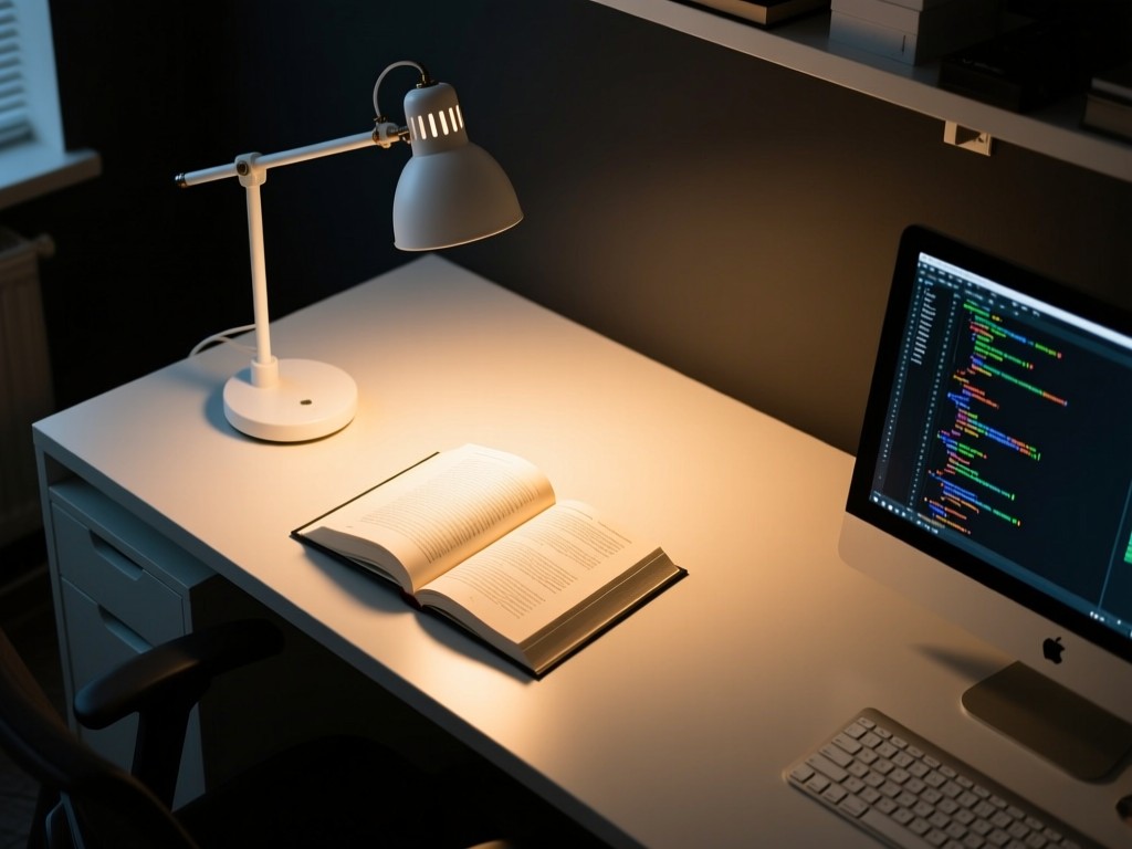Aerial view of a single clean white desk lamp illuminating open coding books in a dark workspace. Warm light creates a focused pool of clarity. No people.