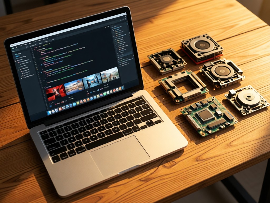 Overhead shot of a laptop open to a clean interface with coding and video thumbnails. Beside it, PC components arranged geometrically on a wooden surface. Golden hour lighting. No people.