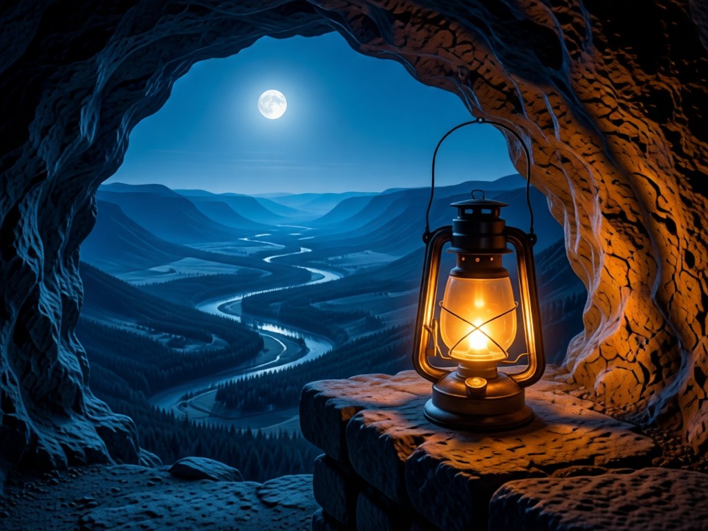 A single sturdy lantern glowing warmly on a stone ledge inside a cave entrance. Moonlight reveals a vast wilderness valley beyond. Symbolizes resilience and guidance in darkness. Cool blue and warm amber contrast. No people.