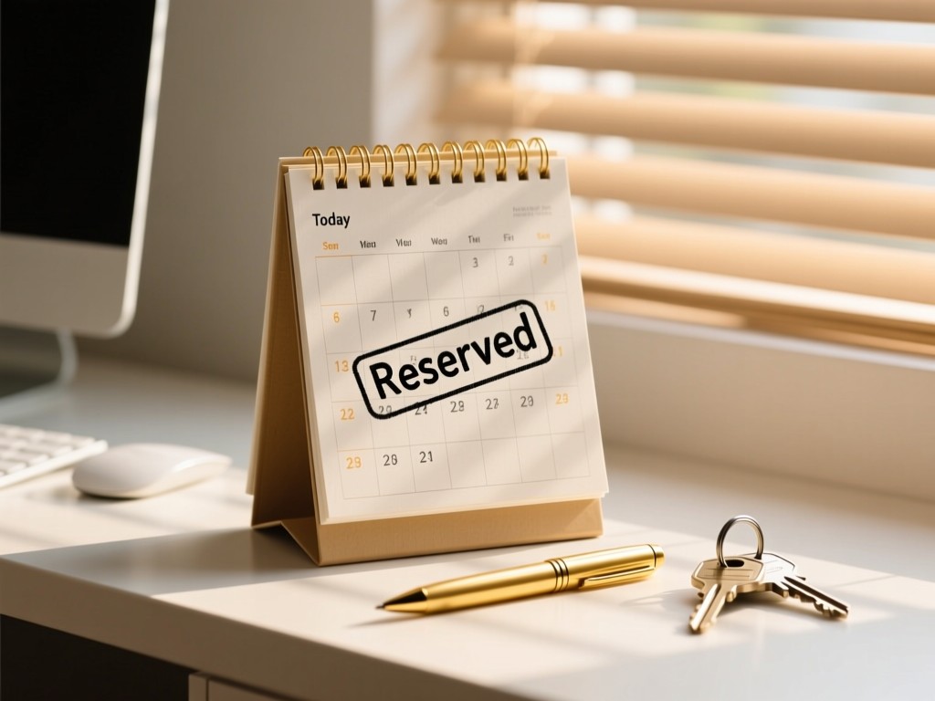 A minimalist desk calendar with 'Reserved' stamped on today's date. Gold pen and keys beside it. Warm afternoon glow through blinds.