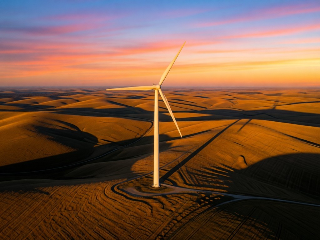 Aerial view of a wind turbine casting long shadows over rolling hills at sunset. Golden hour light highlights turbine blades against colorful sky. Minimalist composition with ample negative space.
