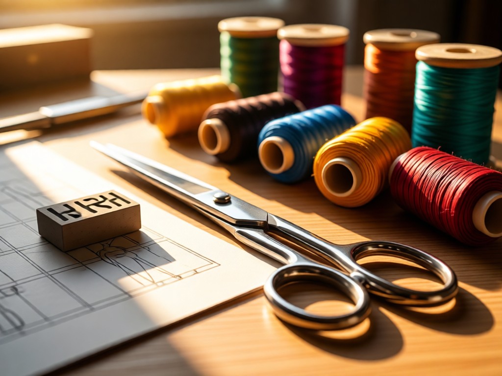 Close-up of sewing tools on a designer's table: silver scissors, tailor's chalk, and colorful thread spools. Late afternoon sun creates warm highlights. No people.
