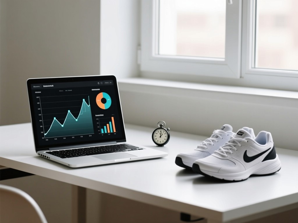 A minimalist desk with an open laptop showing athletic performance graphs. Next to it, a stopwatch and clean training shoes. Soft natural light from a window. No people.