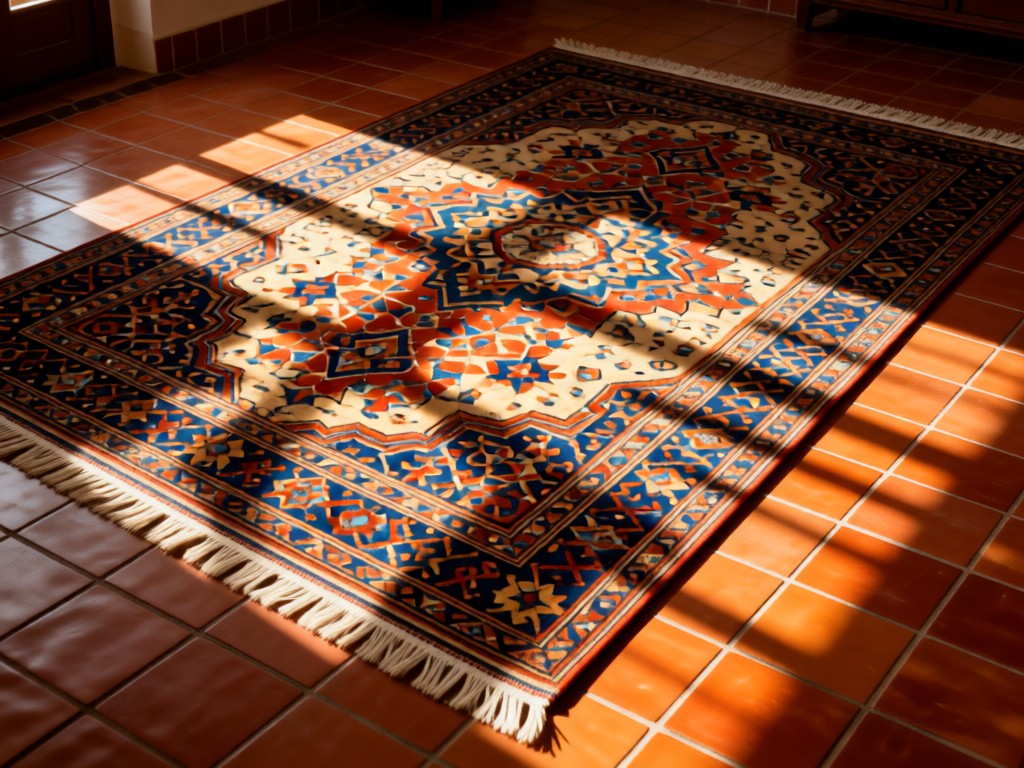 A traditional Persian carpet unrolled on terracotta tiles, with geometric patterns catching afternoon light. Shadows emphasize texture and craftsmanship. No people.