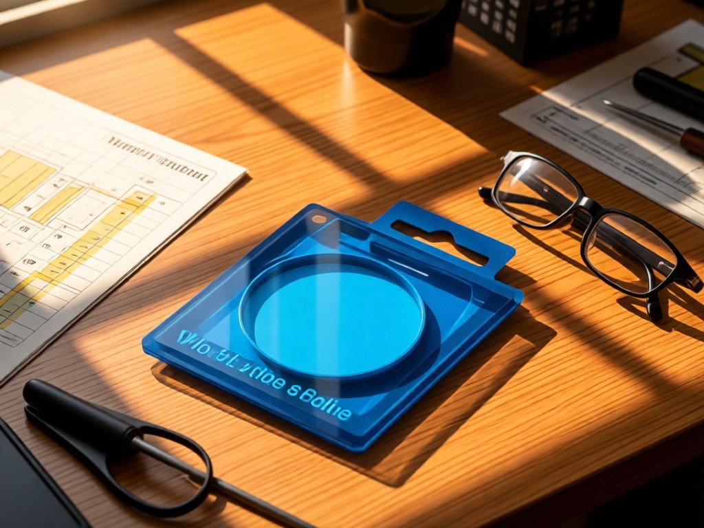 Creative flat lay of lens packaging, measurement charts, and optical tools on a wooden desk. Warm afternoon sun creates geometric shadows. Focus on blue light filter packaging in foreground. No people.