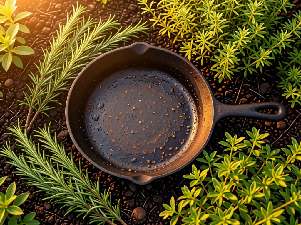 Aerial view of a well-worn cast iron skillet centered in a sun-drenched herb garden at golden hour. Sprigs of rosemary and thyme frame the skillet. Symbolizes rustic craftsmanship. No people.