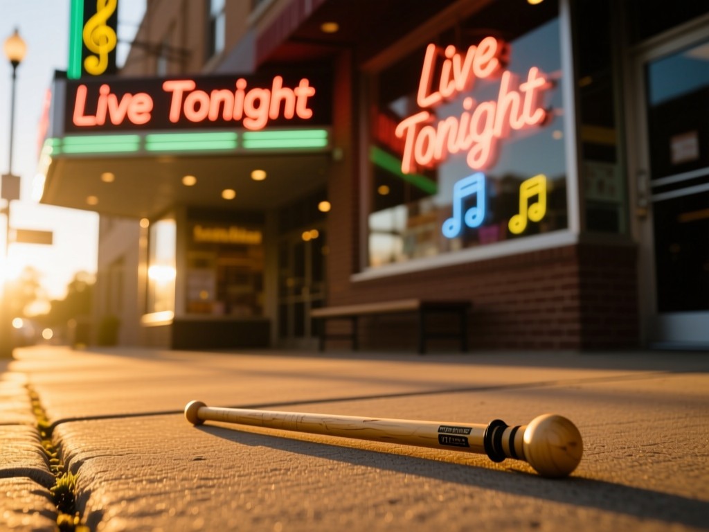 A lone drumstick resting on sun-warmed pavement outside a music venue. Neon 'Live Tonight' sign blurred in background. Golden hour glow.