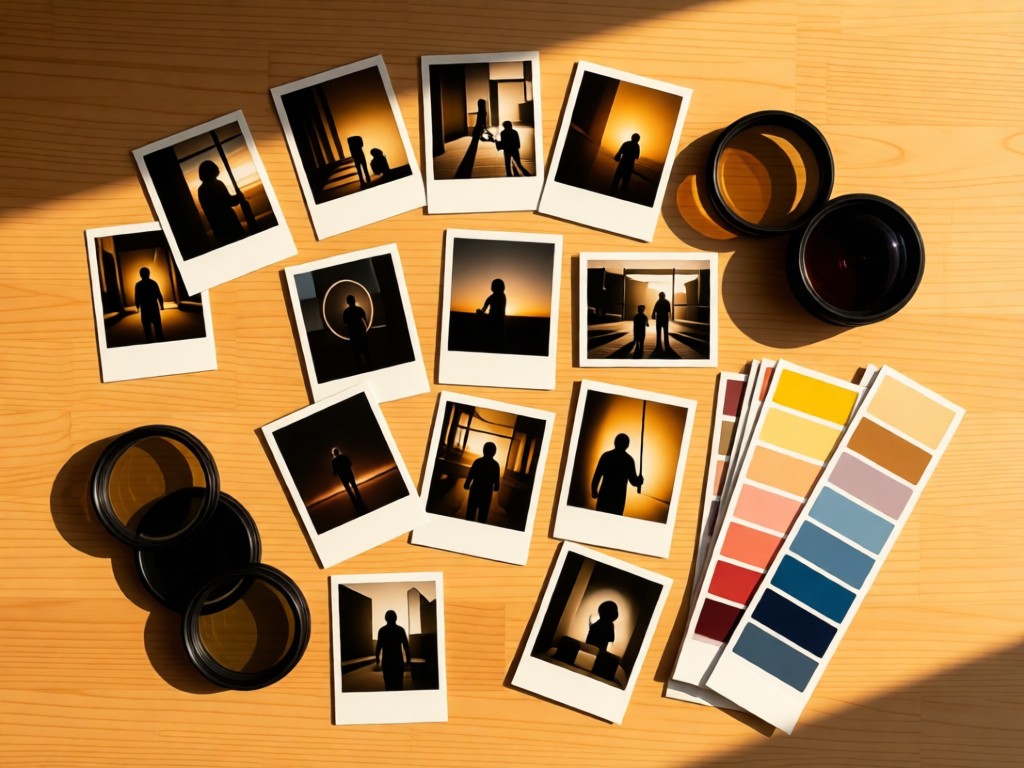Flat lay of a photographer's mood board: scattered polaroids, lens filters, and color swatches on light wood. Golden hour illumination creating cohesive shadows. No people.