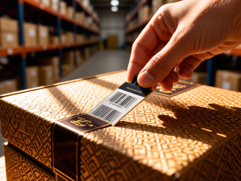 Close-up of a hand placing a premium barcode tag on a luxury goods box. Warm sunlight creates dramatic shadows on textured surfaces. Background blurred with warehouse shelving. No people.