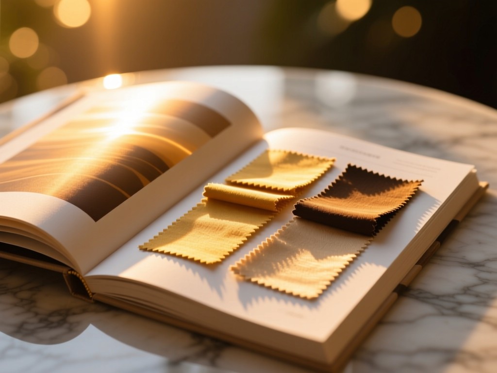 An open fashion portfolio book with fabric swatches in golden hour light, pages catching sunset rays on marble surface, soft bokeh background, warm color palette, no visible text.
