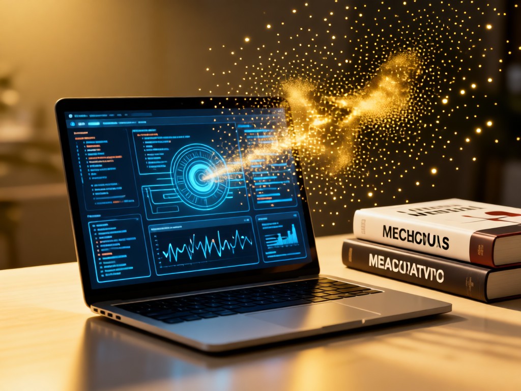A laptop showing algorithm visualizations beside medical textbooks. Golden light illuminates floating dust particles. Clean tech aesthetic. No people.