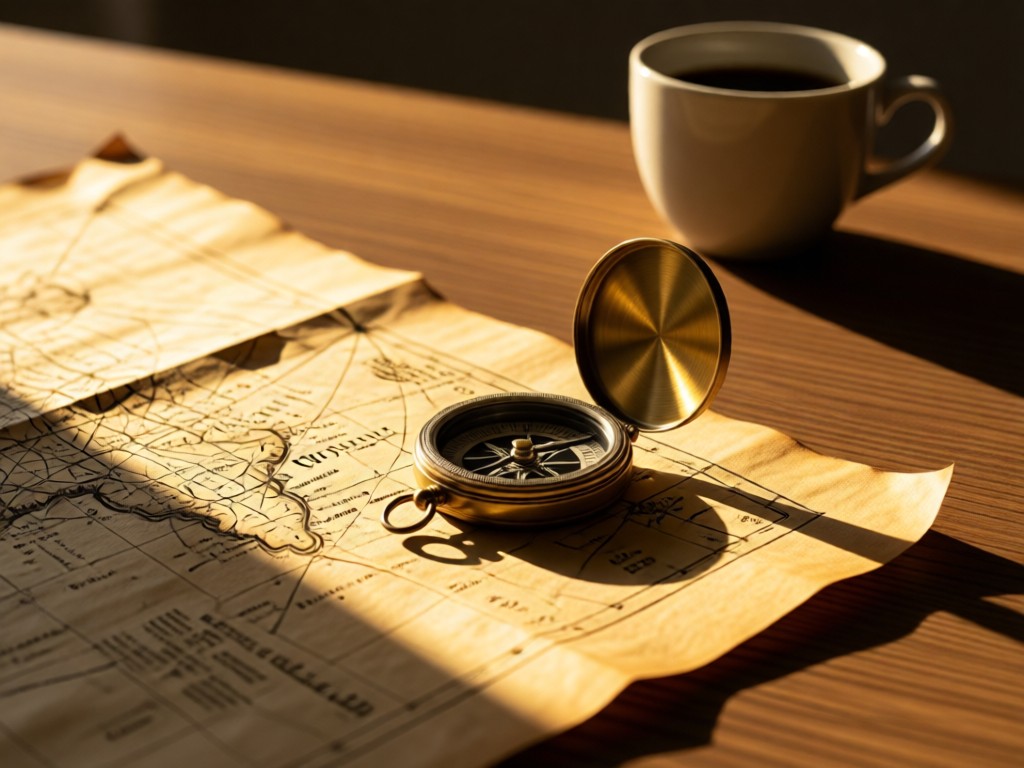 Stylish vintage compass on folded parchment map. Golden hour light creates dramatic shadows. Blurred coffee cup in background. Minimalist desk setting.
