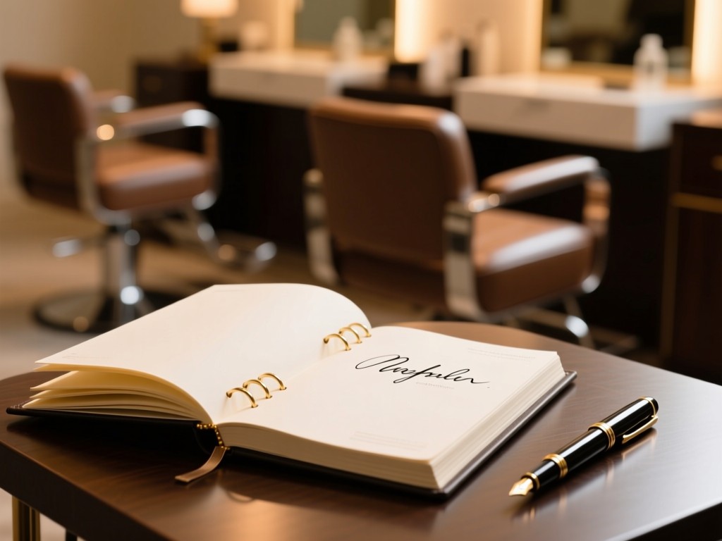 An elegant appointment book open to a blank page, with a calligraphy pen beside it. Soft focus on background salon chairs. Warm, inviting light. No people.