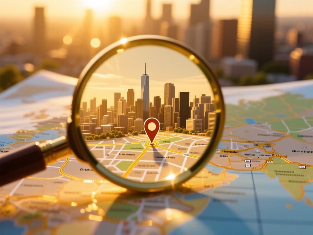 A magnifying glass over a city map with golden sunlight highlighting a specific location, warm tones, shallow depth of field, symbolic of local discovery, no text.