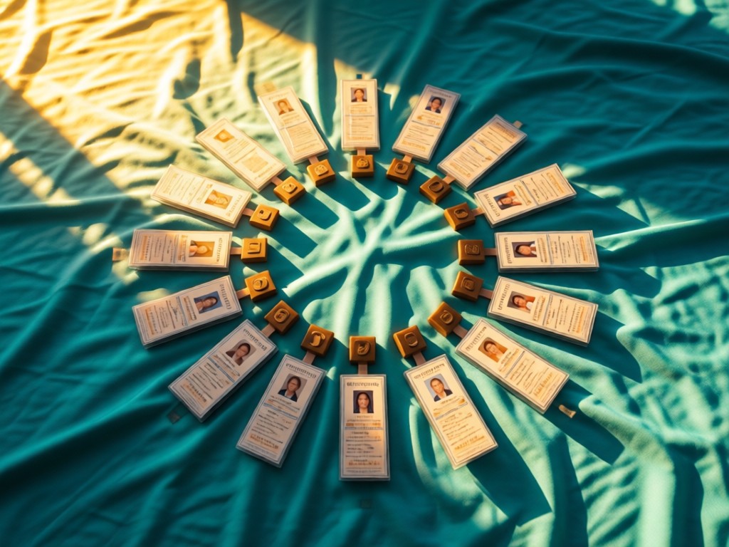 An aerial view of medical credentials arranged like a sunburst on teal fabric. Golden hour light creates radiating shadows. Symbolizes organization and opportunity. No people.