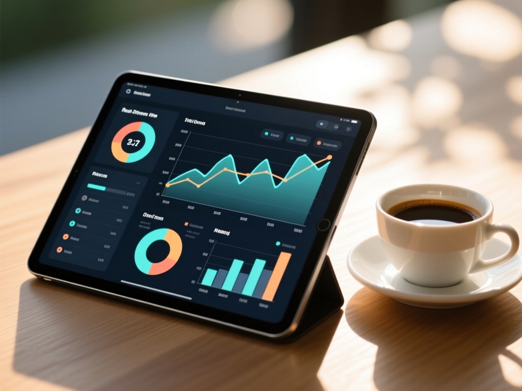 A sleek tablet displaying real-time analytics graphs beside a coffee cup. Sunlight highlights the data visualization. No people.
