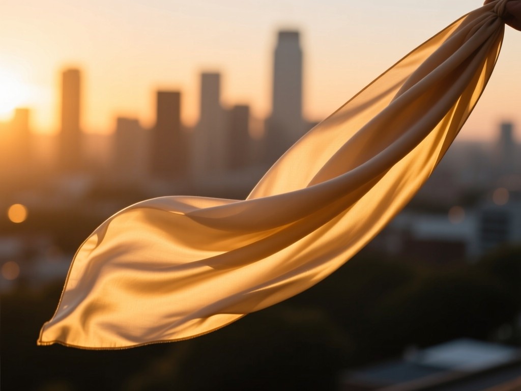 A single silk scarf caught in golden hour breeze against blurred cityscape, symbolizing elegance and visibility, warm sunset tones, minimalist composition, no people.