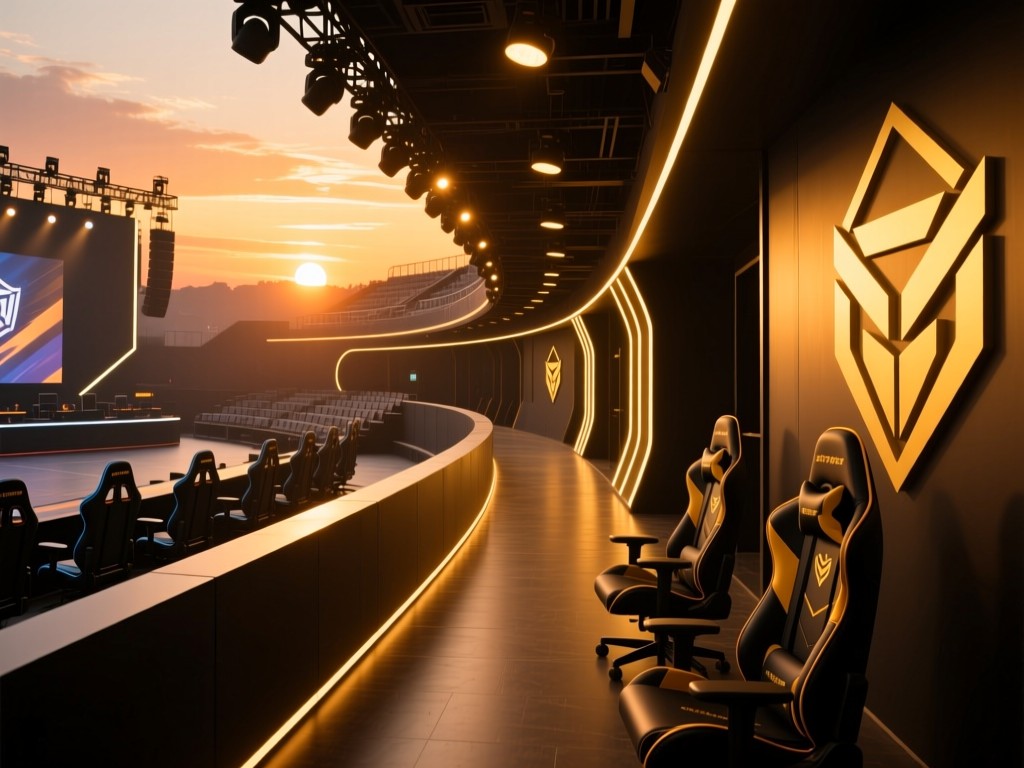 A winding esports arena corridor during sunset, illuminated by warm stage lights, empty player chairs visible in distance, symbolic of competitive discovery, golden tones, no people.