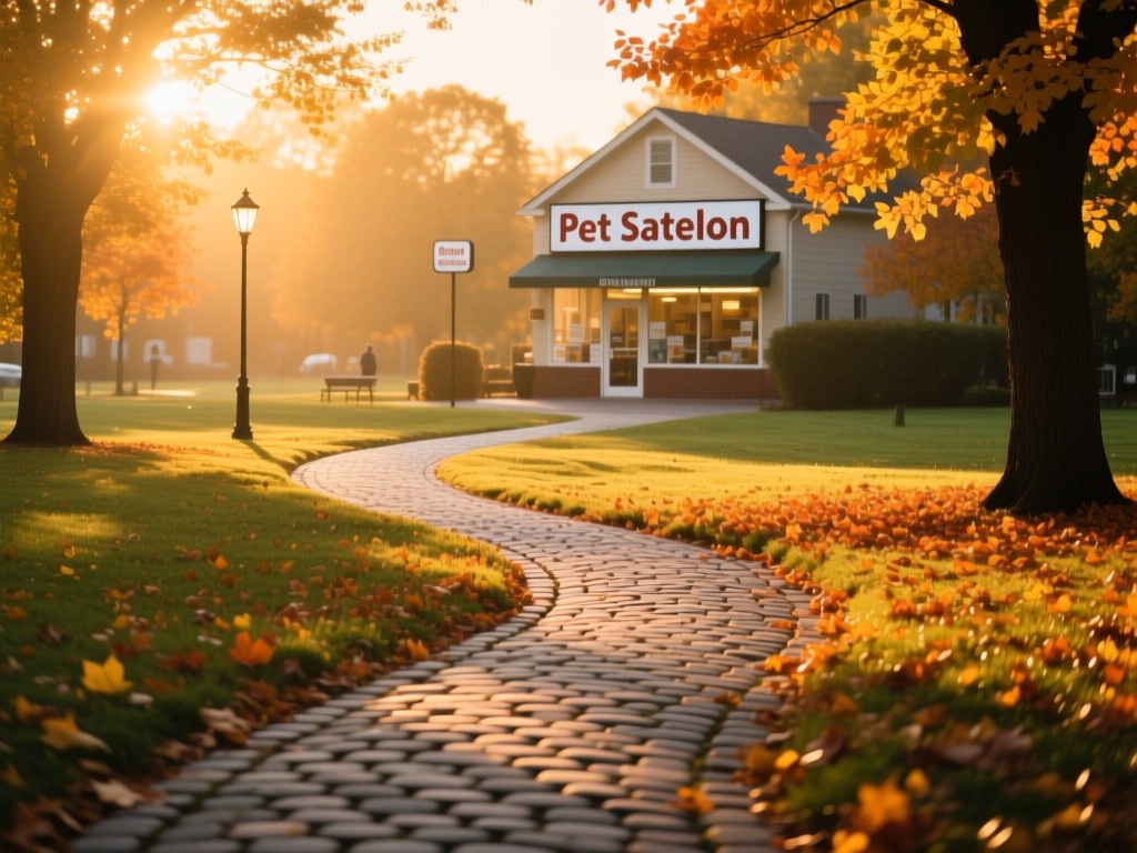 A winding cobblestone path through a sunlit park at golden hour, leading to a distant pet salon sign, warm lighting on autumn leaves, symbolic of client journeys, no people.