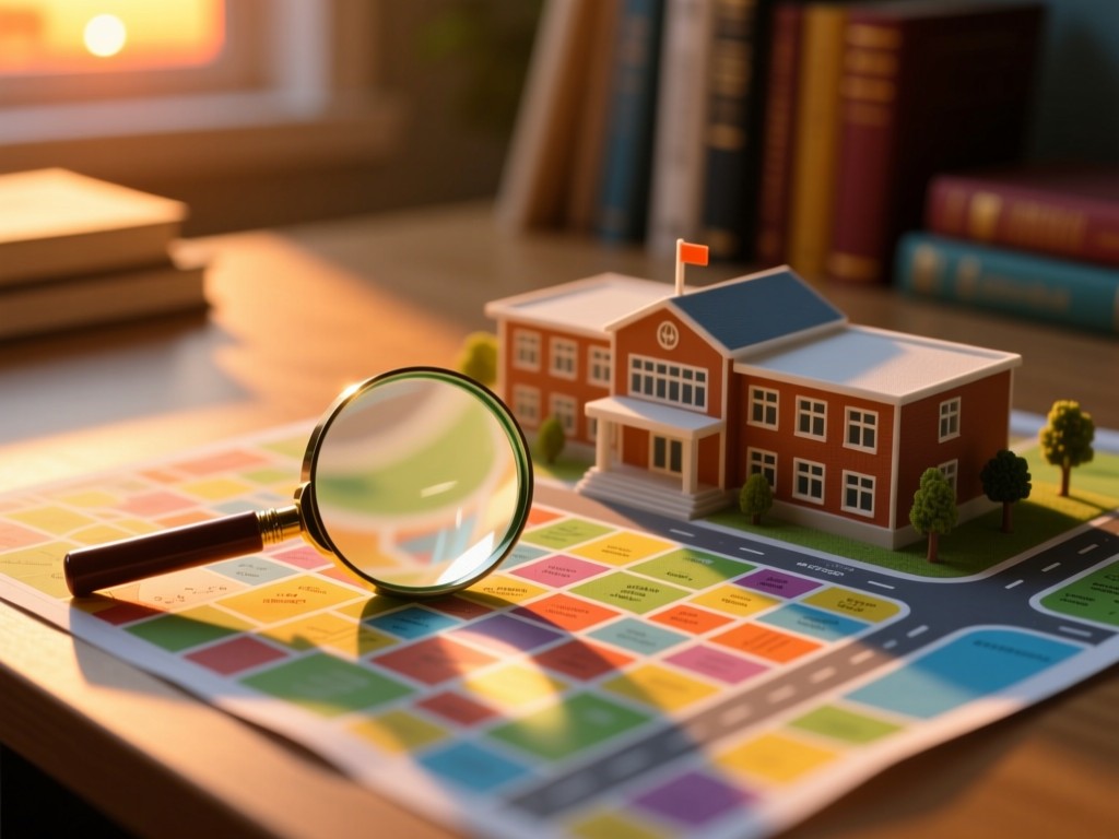 A magnifying glass resting on a colorful neighborhood map near a school building model. Warm sunset light creates long shadows across the desk. Background shows softly blurred books. No people.