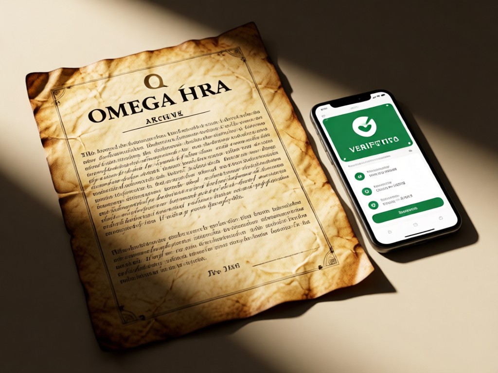 Aged parchment Omega archive document beside a modern smartphone displaying verification. Soft shadow play. No people.