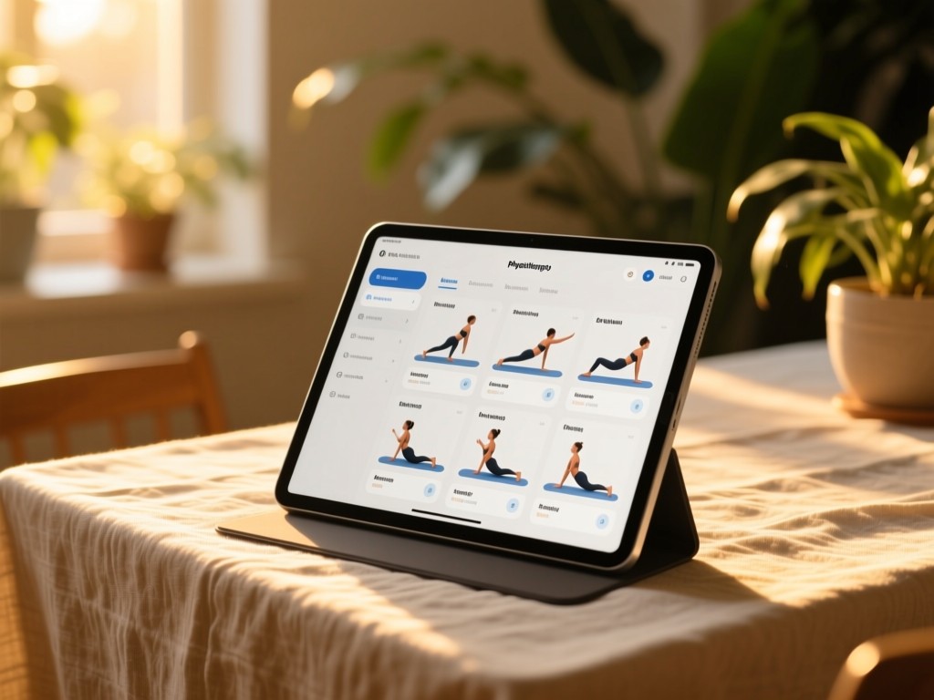 A tablet displaying categorized physiotherapy exercises on a linen-covered table during golden hour, sunlight highlighting the clean interface, blurred plants in background, warm tones, no people.