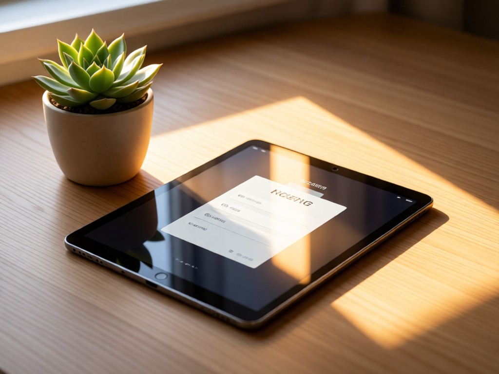 A sleek tablet displaying a simple contact form beside a potted succulent. Sunlight casts warm highlights on the screen. Minimalist desk setting. No people.