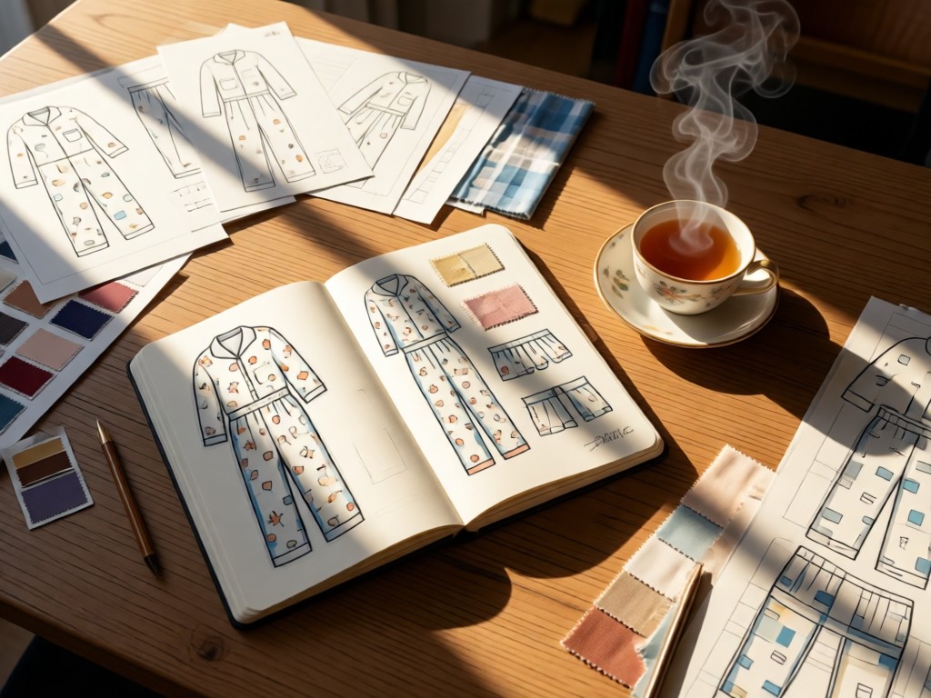 Aerial view of a designer's workspace: sketchbook open to pajama designs, fabric swatches, and a steaming teacup. Soft morning light creates long shadows. The scene symbolizes creativity and organization. No people.