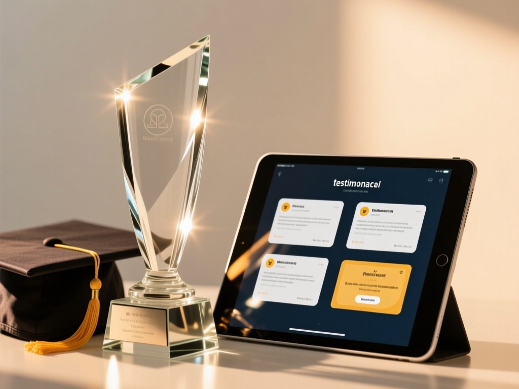 A sleek glass trophy and graduation cap arranged beside an iPad showing testimonial cards. Warm sunlight creates reflective highlights on the glass surface. Clean background. No people.