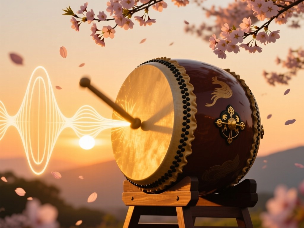 A single traditional Japanese taiko drum struck by golden light during sunset, sound waves radiating outward, cherry blossoms suspended in air, warm cultural symbolism, no performers visible.