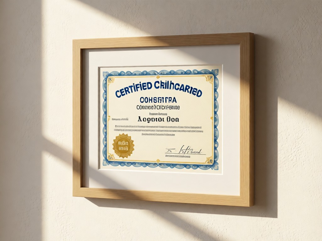 A close-up of a certified childcare credential framed on a sunlit wall. Soft shadows highlight the document's details. Minimalist background with subtle texture. No people.
