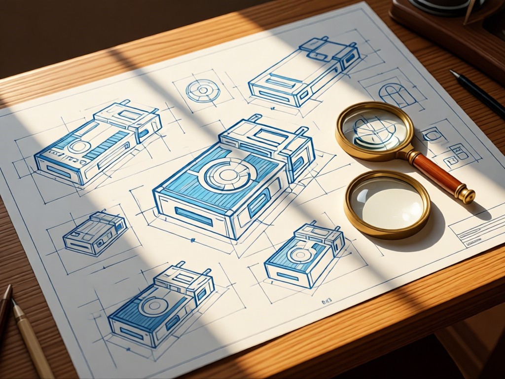 Top-down view of futuristic gadget blueprints spread on a drafting table. Soft sunlight illuminates pencil sketches beside a vintage magnifying glass. Warm wood tones. No people.