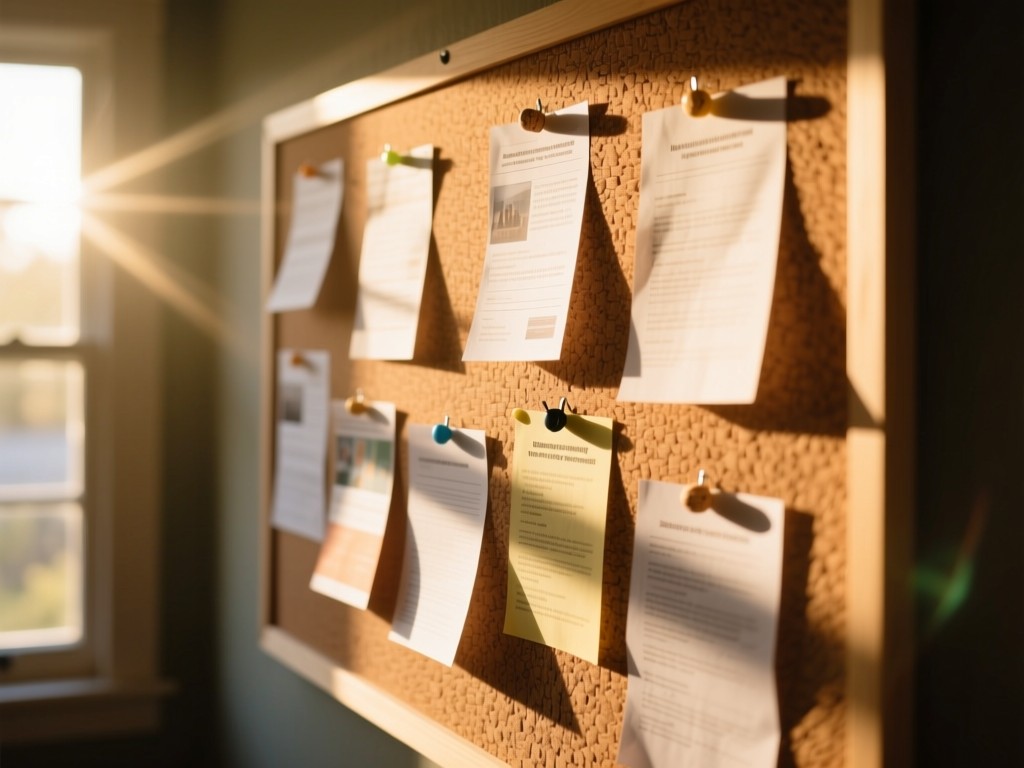 A cork bulletin board with neatly pinned community notices in warm afternoon light, shallow depth of field, sun flares through nearby window, rustic textures, no visible text.